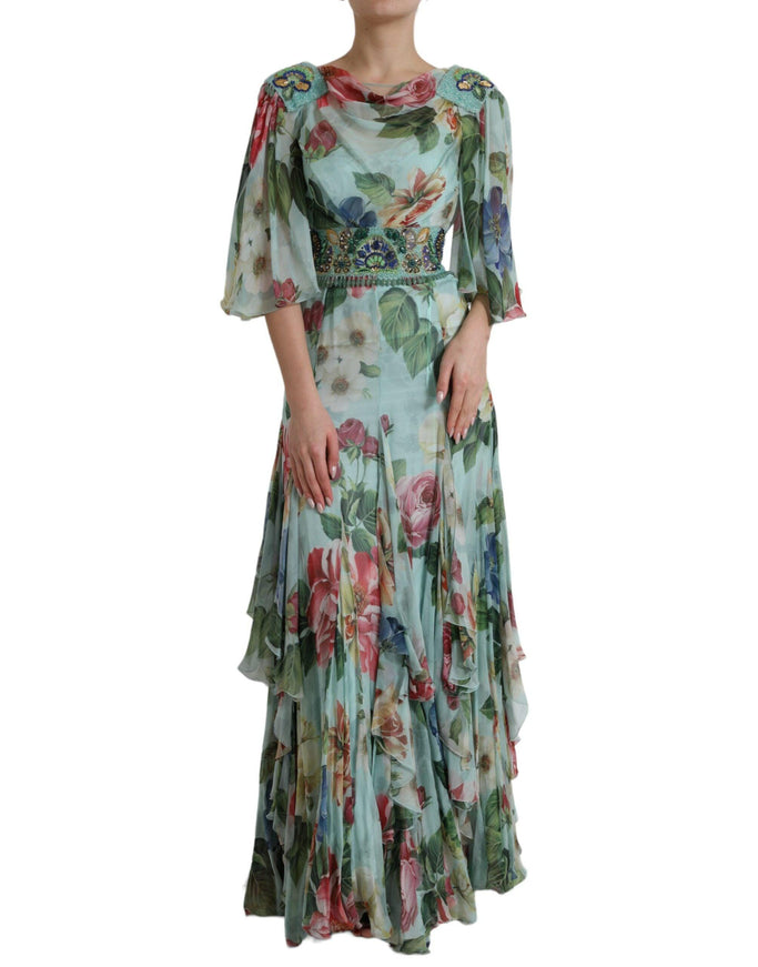 Dolce & Gabbana Blue Floral Print Tiered Long Maxi Dress - Ellie Belle