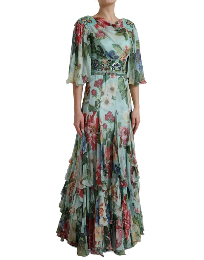 Dolce & Gabbana Blue Floral Print Tiered Long Maxi Dress - Ellie Belle