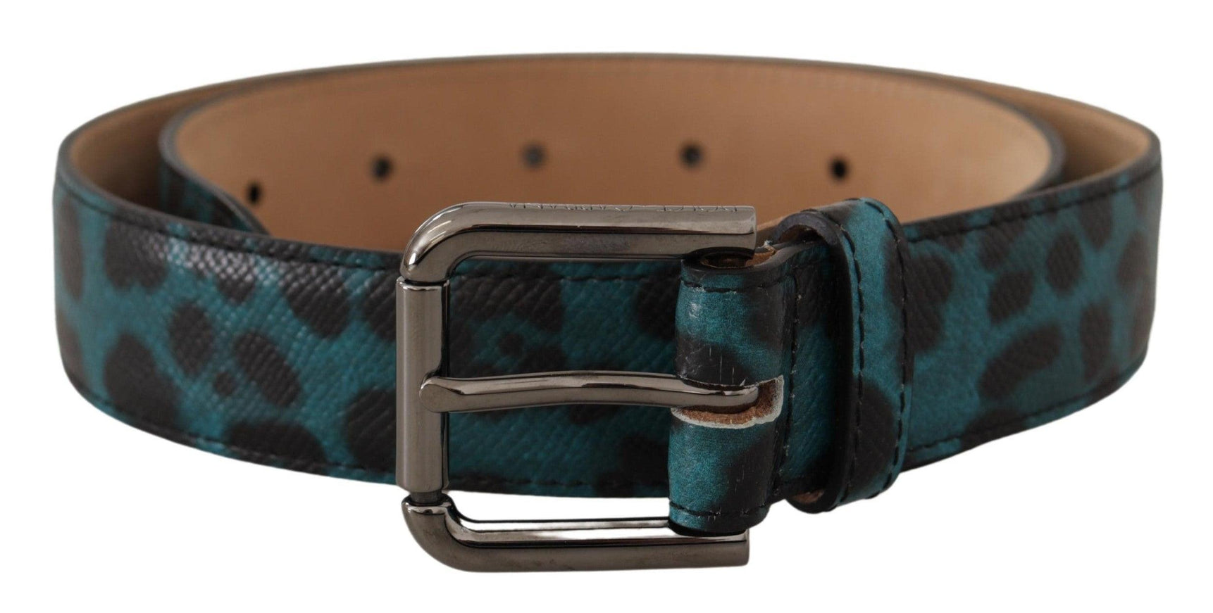 Dolce & Gabbana Blue Green Leopard Print Logo Metal Waist Buckle Belt - Ellie Belle