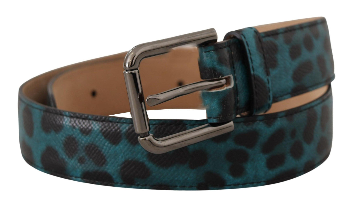 Dolce & Gabbana Blue Green Leopard Print Logo Metal Waist Buckle Belt - Ellie Belle