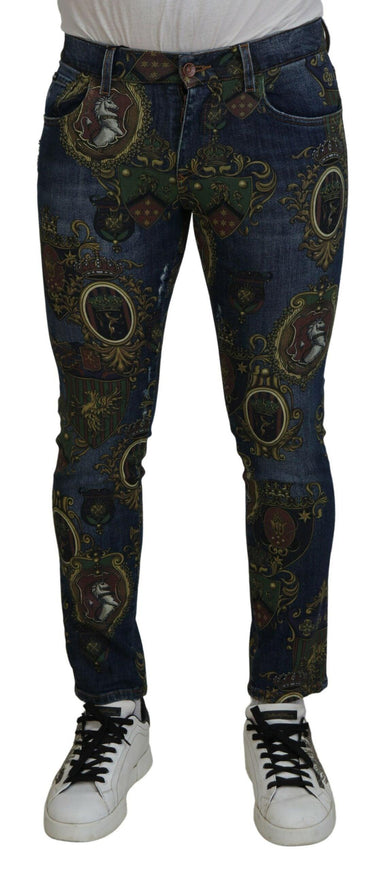 Dolce & Gabbana Blue Heraldic Print Cotton Skinny Denim Jeans - Ellie Belle