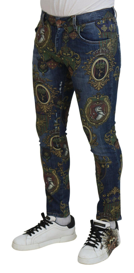 Dolce & Gabbana Blue Heraldic Print Cotton Skinny Denim Jeans - Ellie Belle