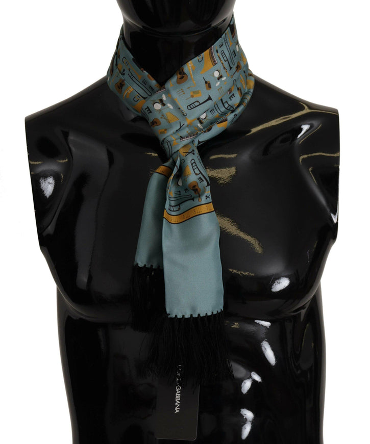 Dolce & Gabbana Blue Instrument Silk Shawl Wrap Fringe Scarf - Ellie Belle