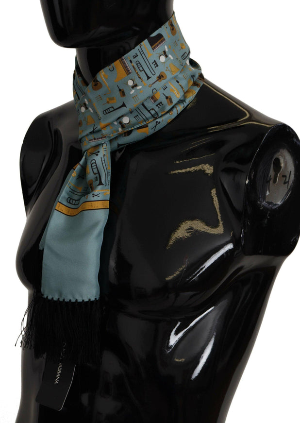 Dolce & Gabbana Blue Instrument Silk Shawl Wrap Fringe Scarf - Ellie Belle