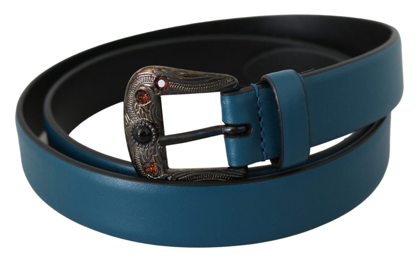 Dolce & Gabbana Blue Leather Amber Crystal Baroque Buckle Belt - Ellie Belle