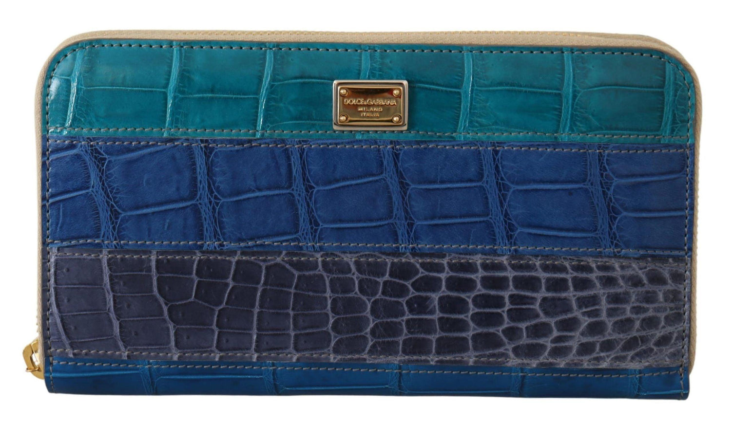 Dolce & Gabbana Blue Leather Crocodile Zip Around Wallet - Ellie Belle