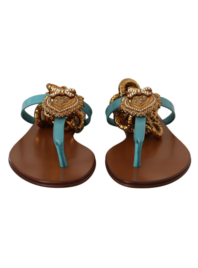 Dolce & Gabbana Blue Leather Devotion Flats Sandals - Ellie Belle