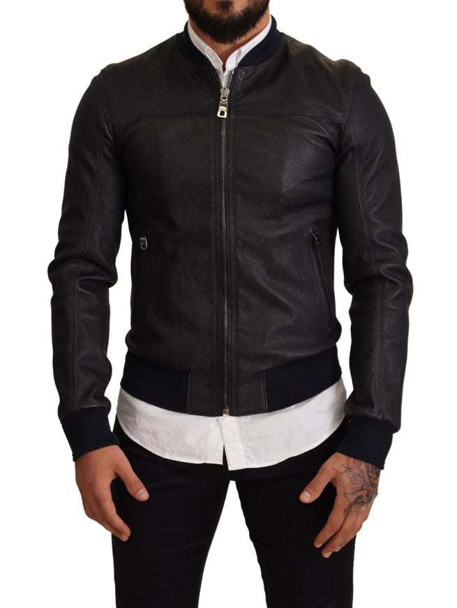 Dolce & Gabbana Blue Leather Full Zip Bomber Men Jacket - Ellie Belle