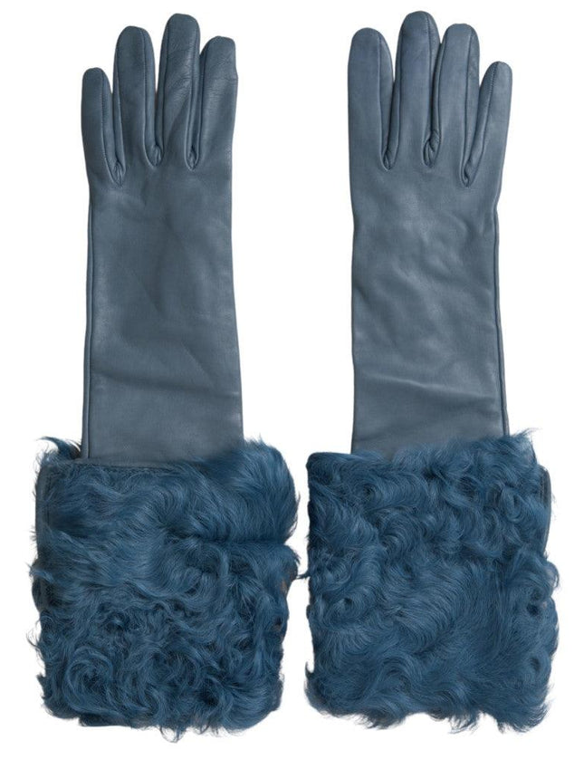 Dolce & Gabbana Blue Leather Fur Mid Arm Length Gloves - Ellie Belle