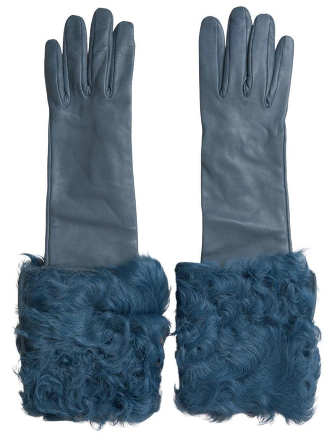 Dolce & Gabbana Blue Leather Fur Mid Arm Length Gloves - Ellie Belle