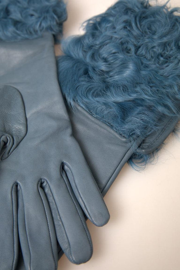 Dolce & Gabbana Blue Leather Fur Mid Arm Length Gloves - Ellie Belle