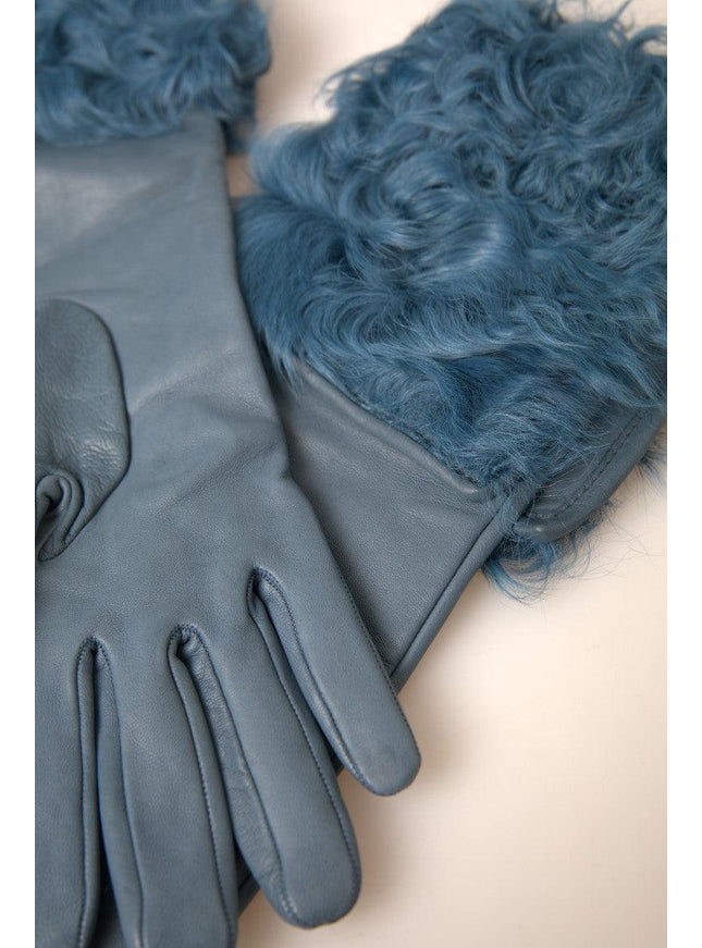 Dolce & Gabbana Blue Leather Fur Mid Arm Length Gloves - Ellie Belle