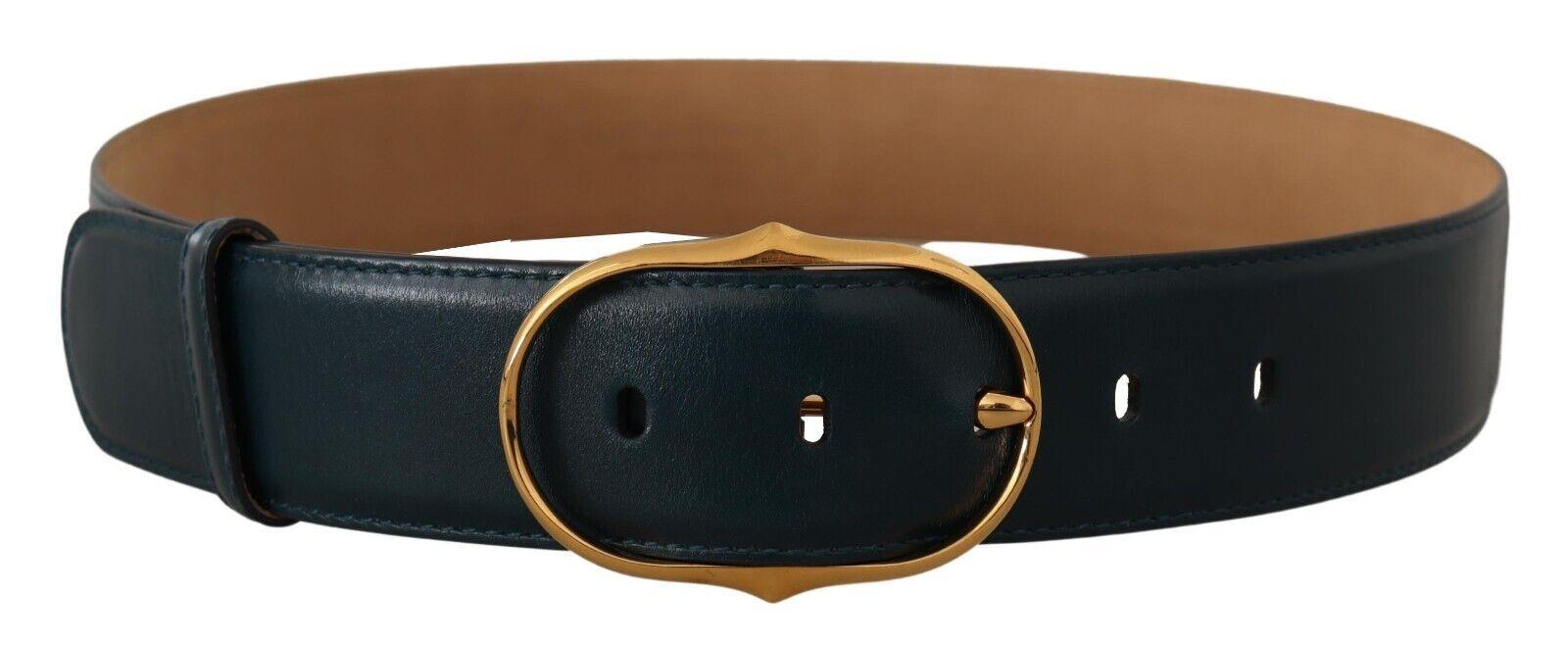 Dolce & Gabbana Blue Leather Gold Metal Oval Buckle Belt - Ellie Belle