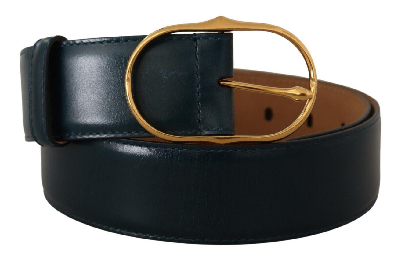 Dolce & Gabbana Blue Leather Gold Metal Oval Buckle Belt - Ellie Belle