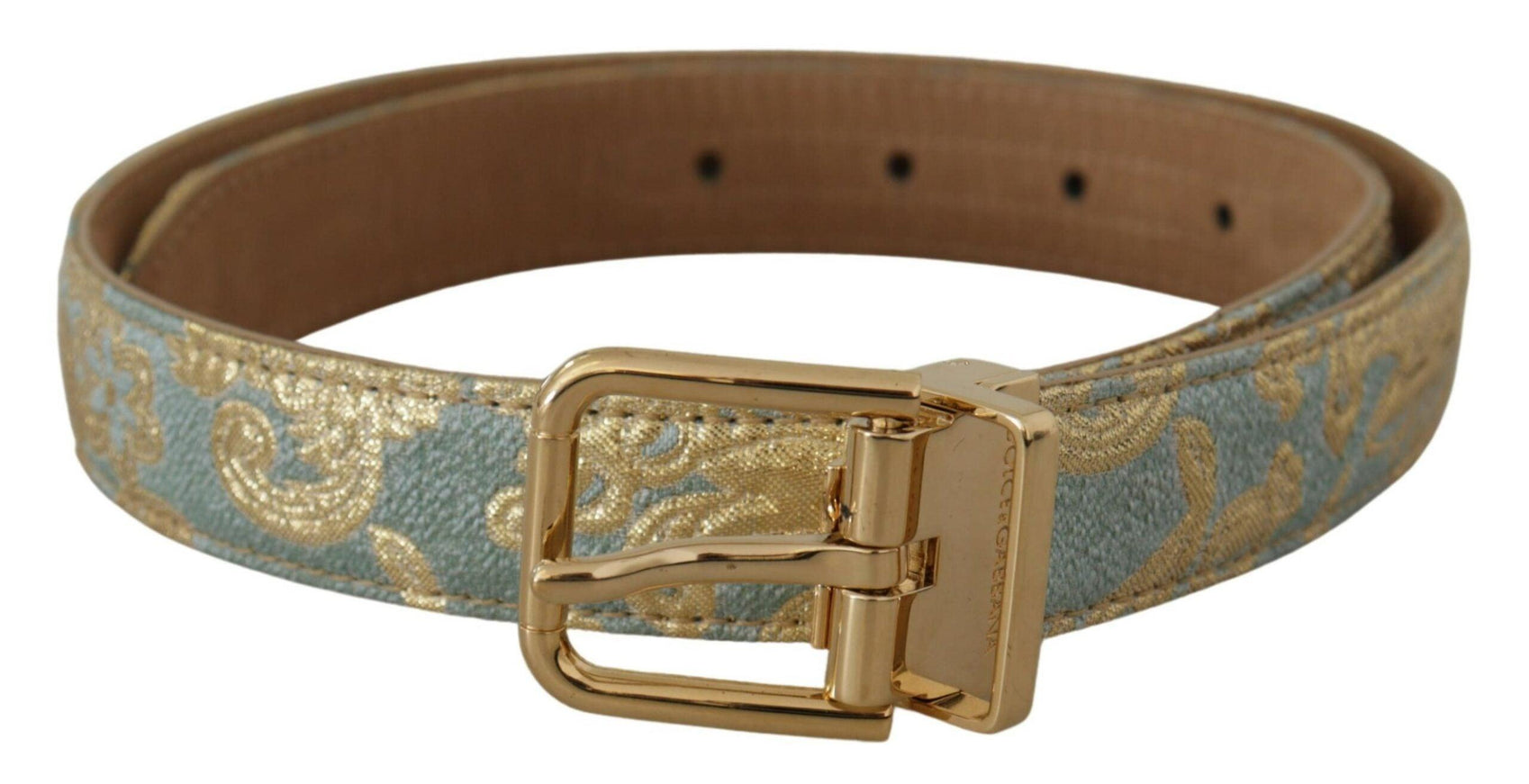 Dolce & Gabbana Blue Leather Jacquard Embossed Gold Metal Buckle Belt - Ellie Belle