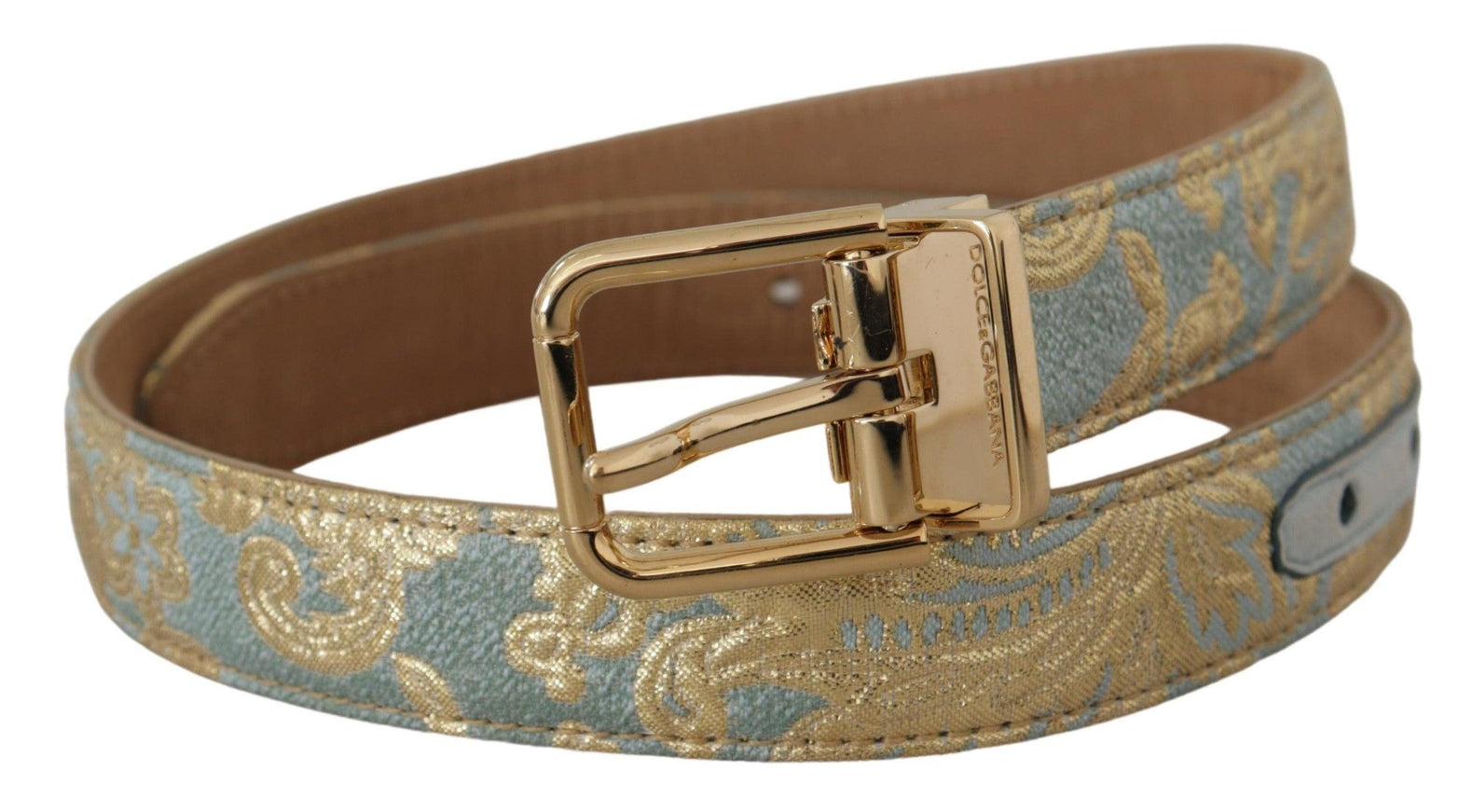 Dolce & Gabbana Blue Leather Jacquard Embossed Gold Metal Buckle Belt - Ellie Belle