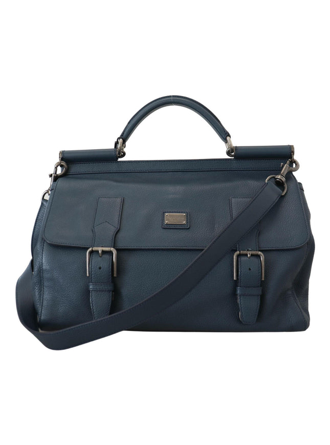 Dolce & Gabbana Blue Leather Logo Plaque Men Travel Work Bag - Ellie Belle