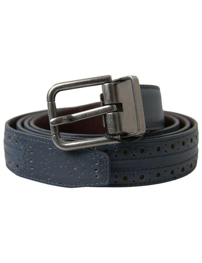 Dolce & Gabbana Blue Leather Perforated Metal Buckle Belt - Ellie Belle
