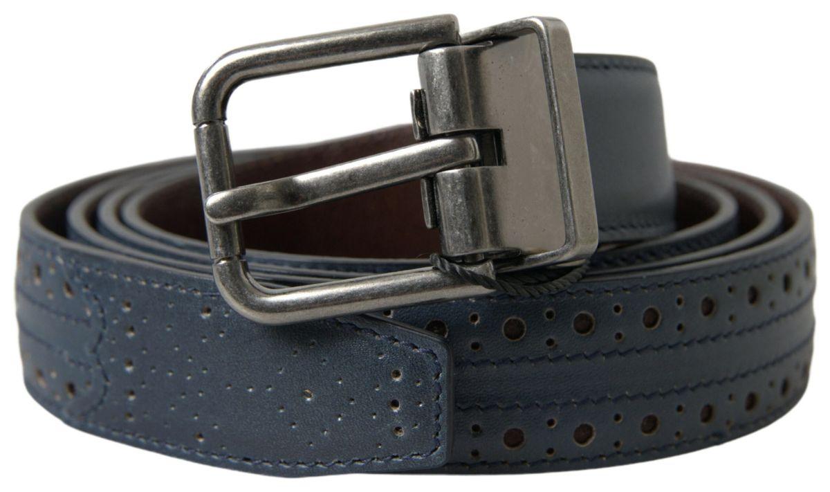 Dolce & Gabbana Blue Leather Perforated Metal Buckle Belt - Ellie Belle