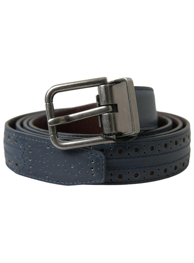 Dolce & Gabbana Blue Leather Perforated Metal Buckle Belt - Ellie Belle