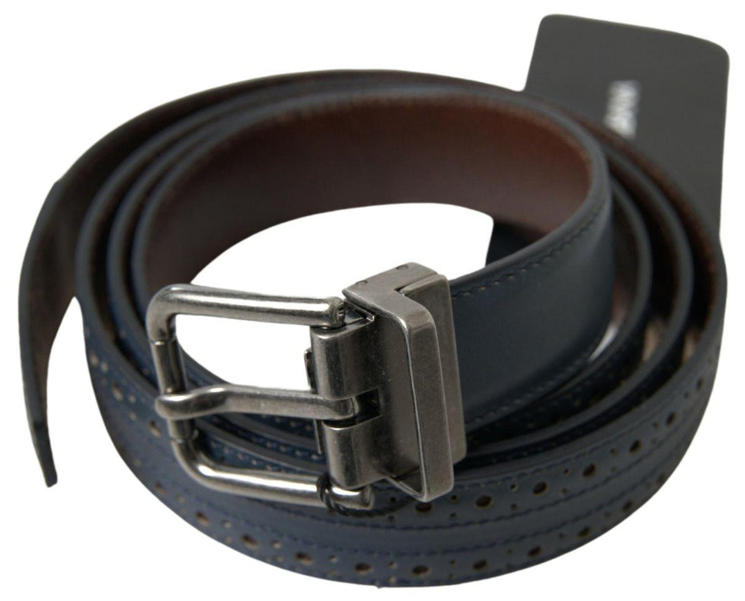 Dolce & Gabbana Blue Leather Perforated Metal Buckle Belt - Ellie Belle