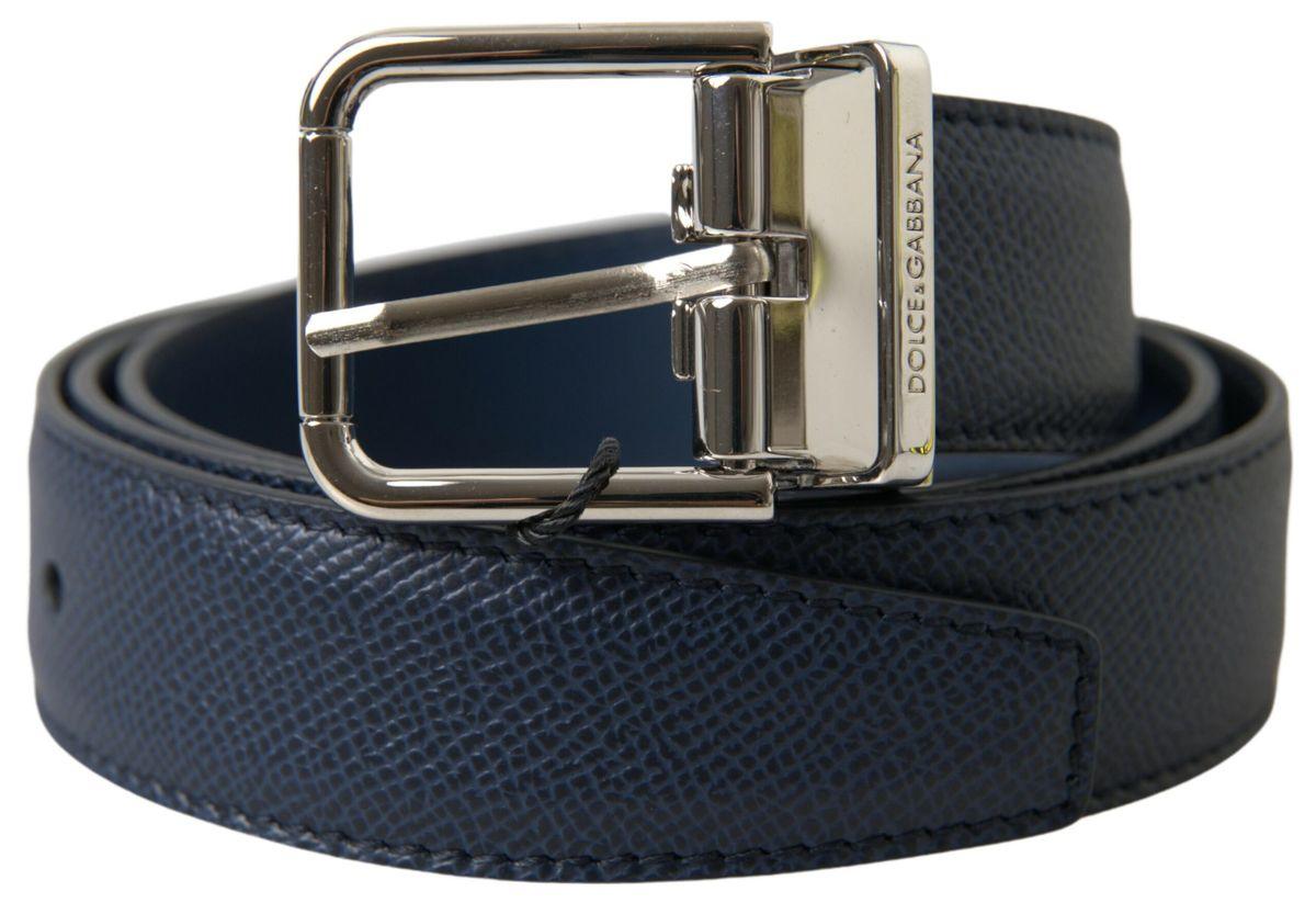 Dolce & Gabbana Blue Leather Silver Metal Buckle Belt - Ellie Belle