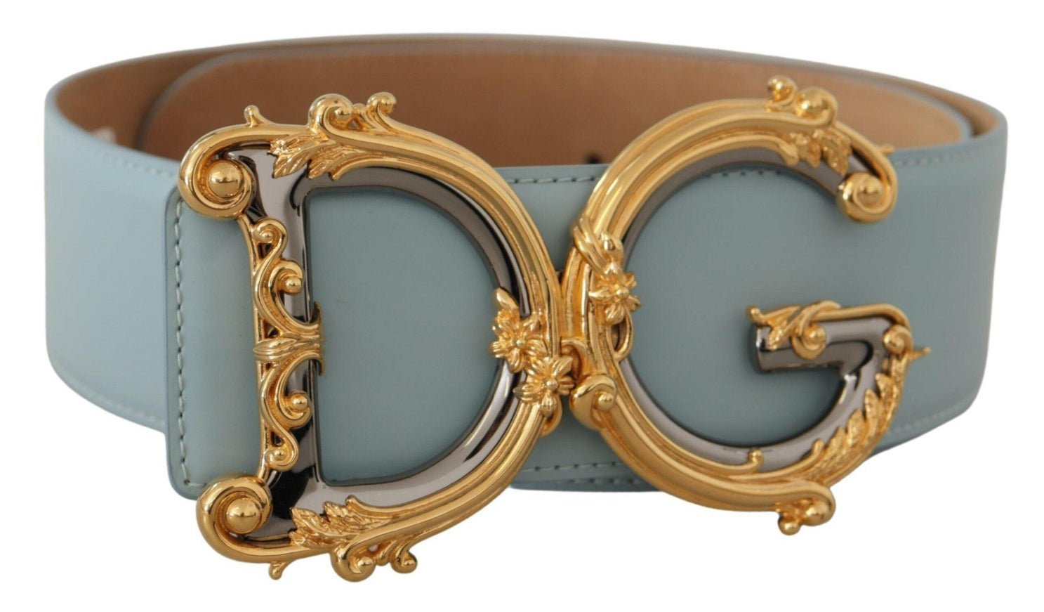 Dolce & Gabbana Blue Leather Wide Waist DG Logo Baroque Gold Buckle Belt - Ellie Belle