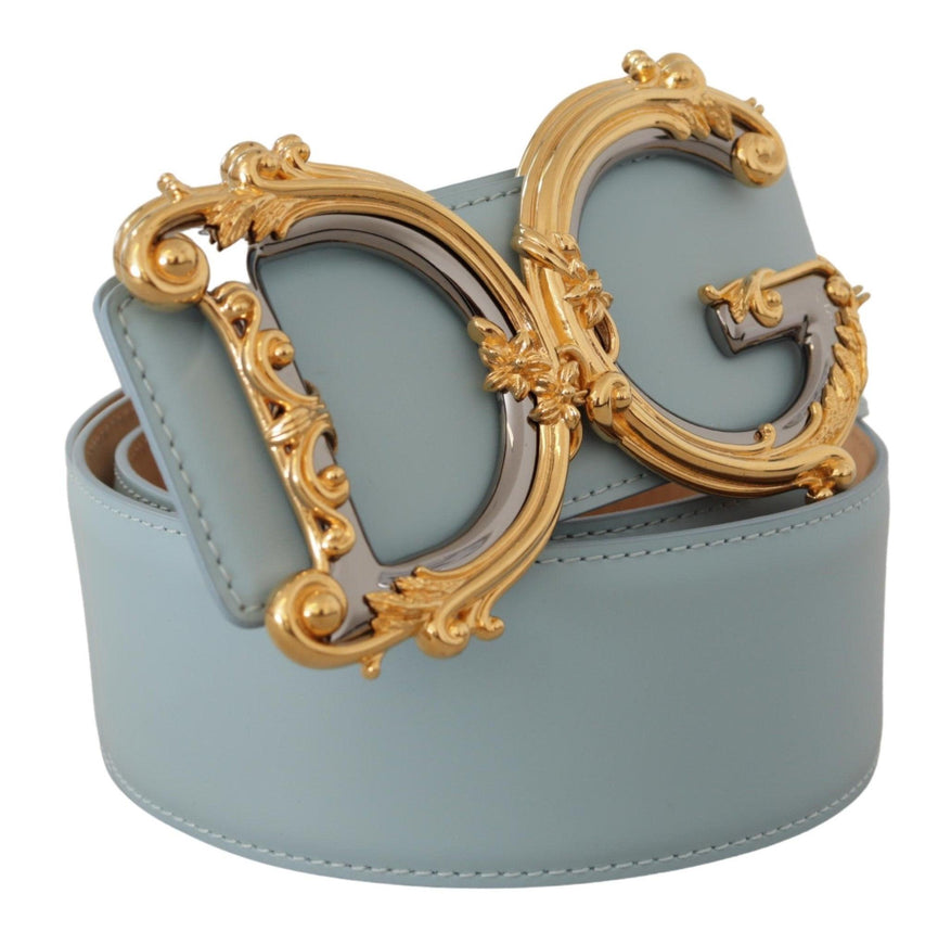 Dolce & Gabbana Blue Leather Wide Waist DG Logo Baroque Gold Buckle Belt - Ellie Belle