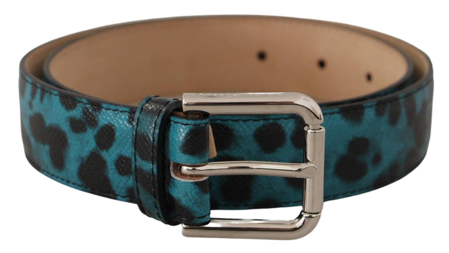 Dolce & Gabbana Blue Leopard Print Leather Logo Metal Buckle Belt - Ellie Belle