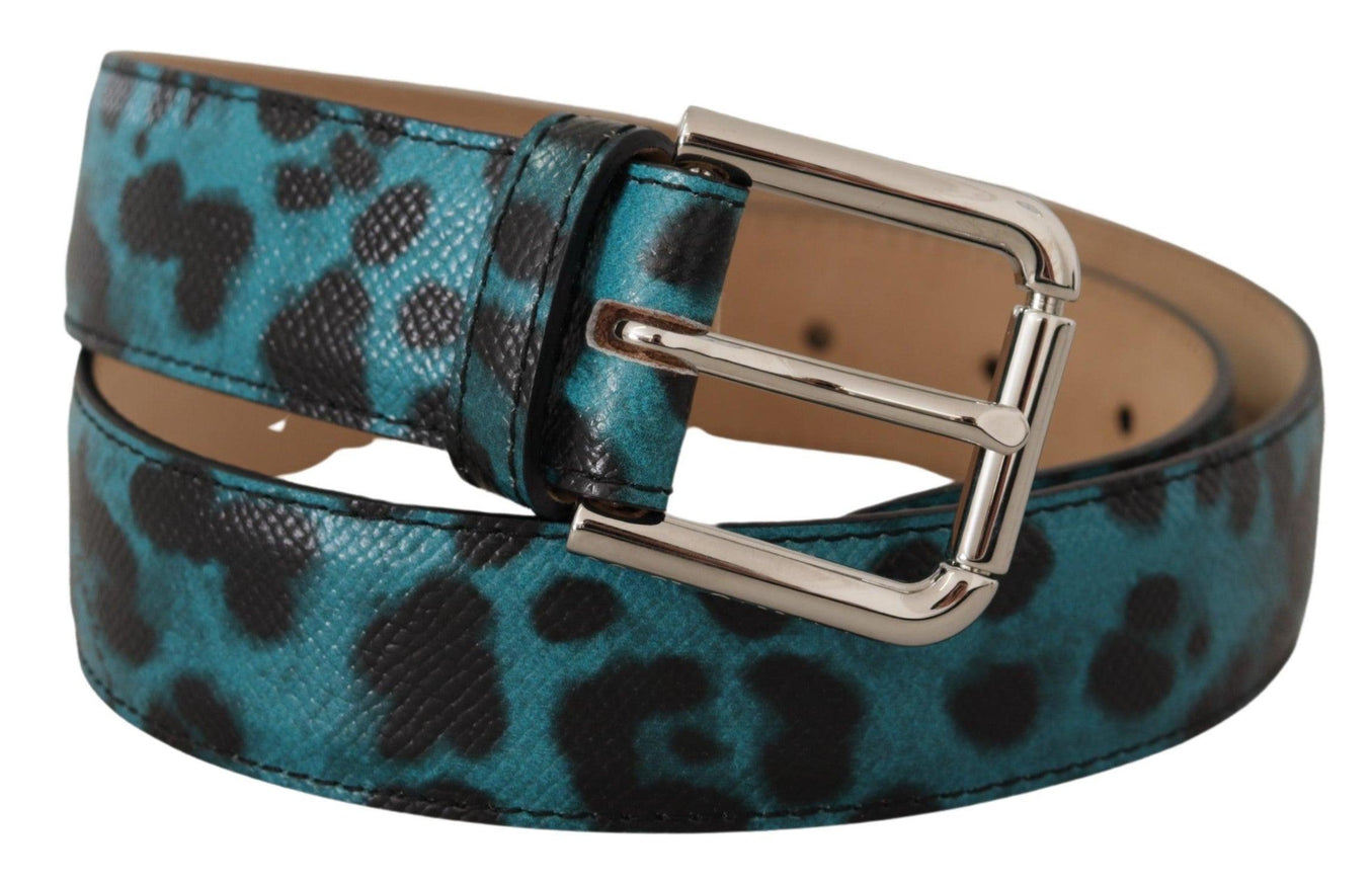 Dolce & Gabbana Blue Leopard Print Leather Logo Metal Buckle Belt - Ellie Belle