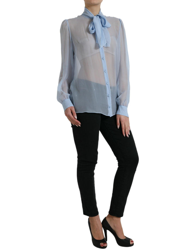 Dolce & Gabbana Blue Long Sleeves Ascot Collar Blouse Top - Ellie Belle