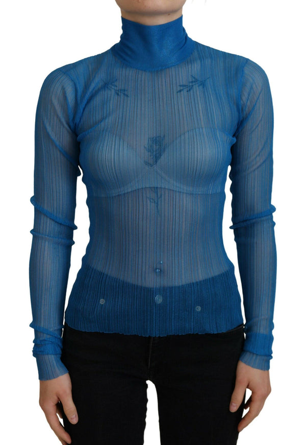 Dolce & Gabbana Blue Mesh Turtleneck Long Sleeve Blouse Top - Ellie Belle