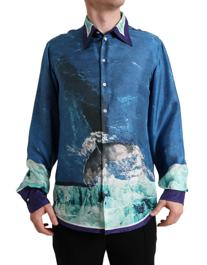 Dolce & Gabbana Blue Ocean Print Silk Collared Button Down Shirt - Ellie Belle