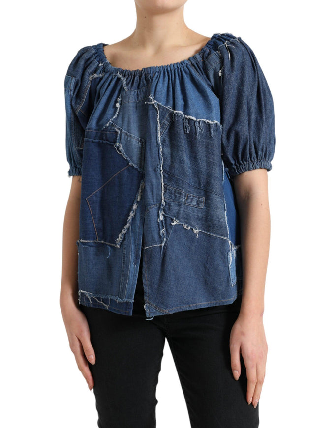 Dolce & Gabbana Blue Patchwork Short Sleeves Denim Blouse Top - Ellie Belle