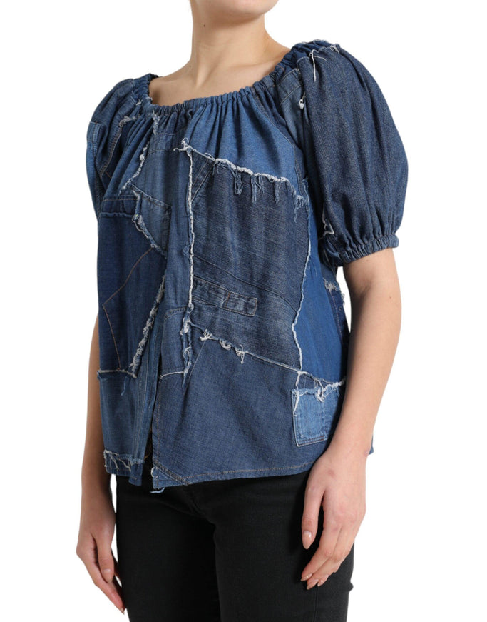 Dolce & Gabbana Blue Patchwork Short Sleeves Denim Blouse Top - Ellie Belle