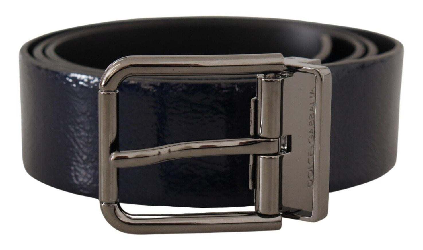 Dolce & Gabbana Blue Patent Leather Vernice Silver Logo Buckle Belt - Ellie Belle