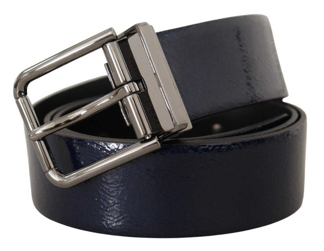 Dolce & Gabbana Blue Patent Leather Vernice Silver Logo Buckle Belt - Ellie Belle