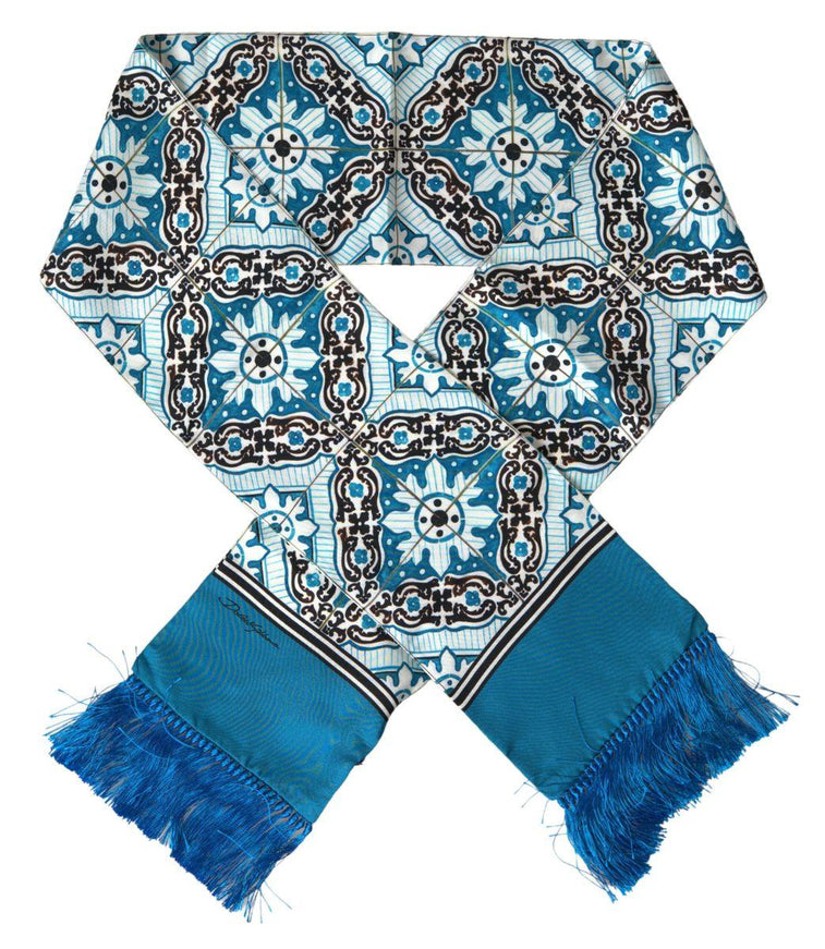 Dolce & Gabbana Blue Patterned Silk Neck Wrap Fringe Scarf - Ellie Belle