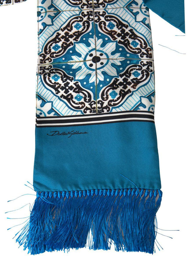 Dolce & Gabbana Blue Patterned Silk Neck Wrap Fringe Scarf - Ellie Belle