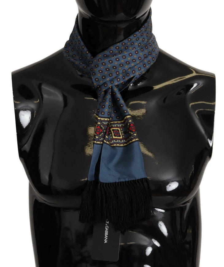 Dolce & Gabbana Blue Patterned Silk Wrap Fringe Shawl Scarf - Ellie Belle