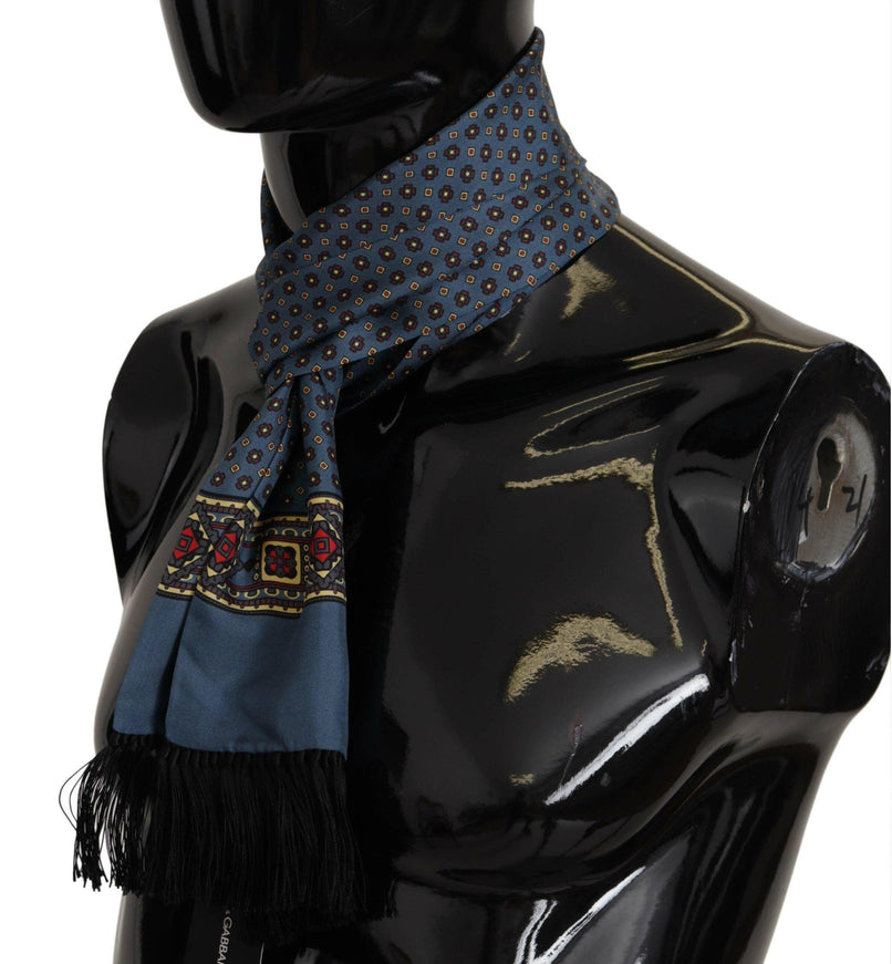 Dolce & Gabbana Blue Patterned Silk Wrap Fringe Shawl Scarf - Ellie Belle