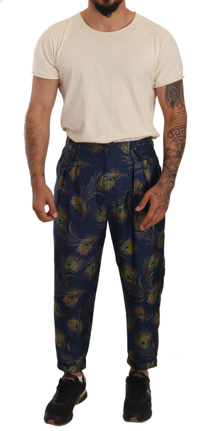 Dolce & Gabbana Blue Peacock Print Tapered Trousers Silk Pants - Ellie Belle