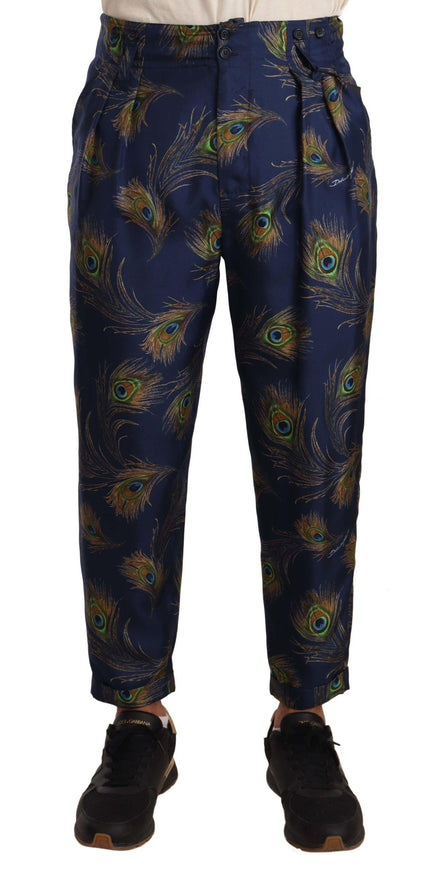 Dolce & Gabbana Blue Peacock Print Tapered Trousers Silk Pants - Ellie Belle