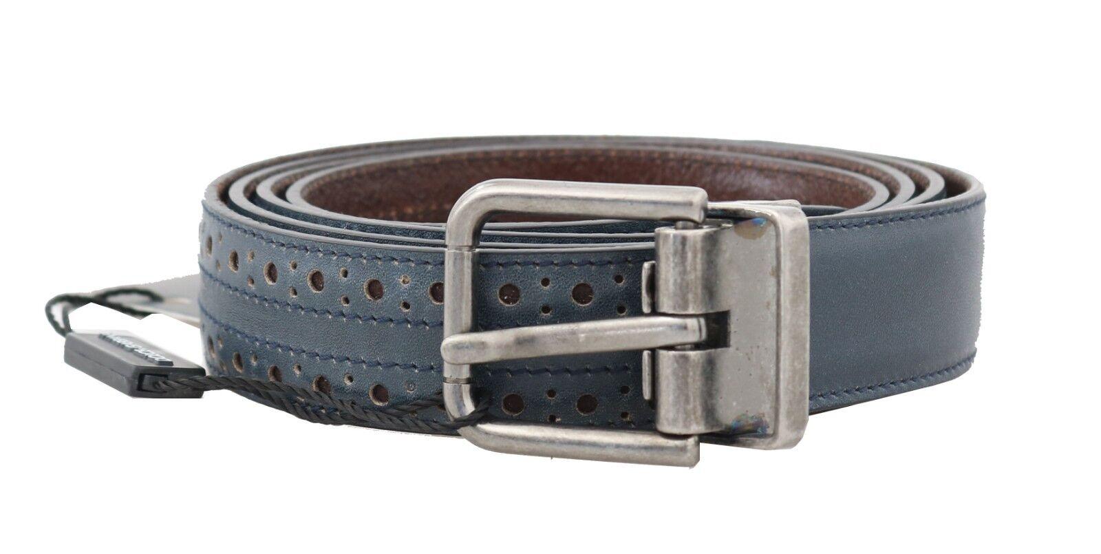 Dolce & Gabbana Blue Perforated Leather Gray Buckle Belt - Ellie Belle