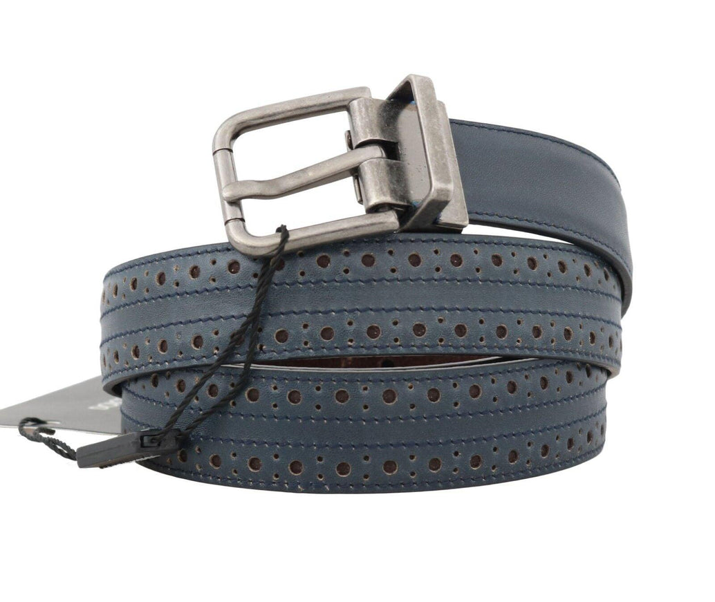 Dolce & Gabbana Blue Perforated Leather Gray Buckle Belt - Ellie Belle