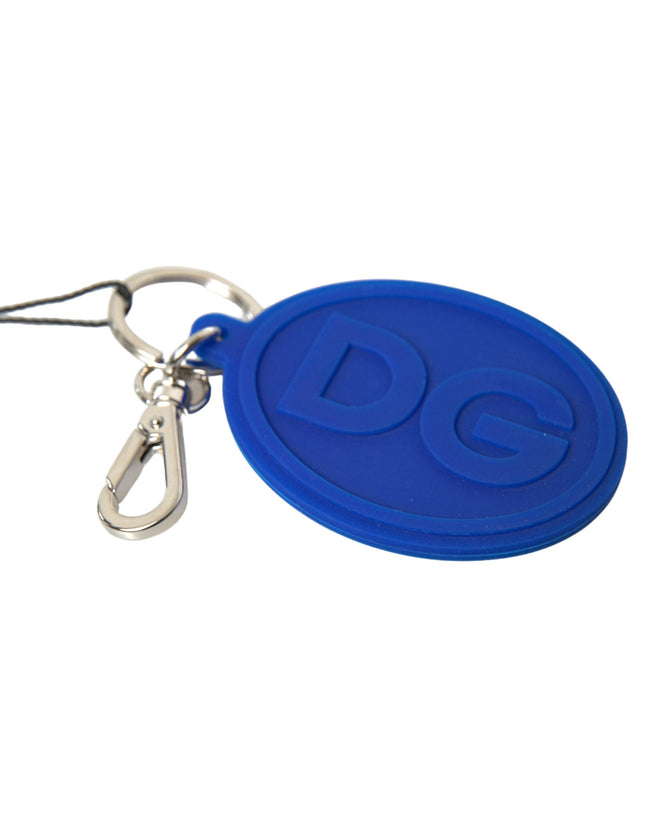Dolce & Gabbana Blue Rubber DG Logo Silver Brass Metal Keyring Keychain - Ellie Belle