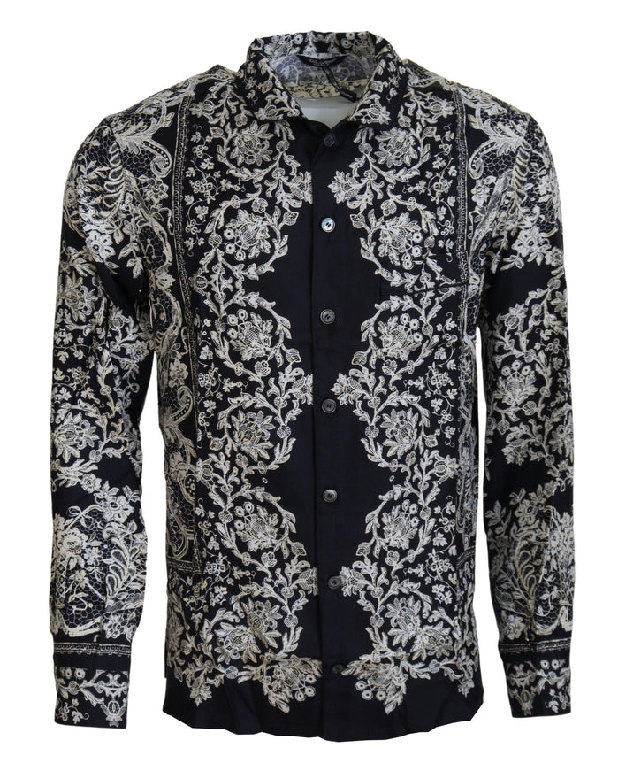 Dolce & Gabbana Blue Silk Floral Baroque Satin Casual Shirt - Ellie Belle