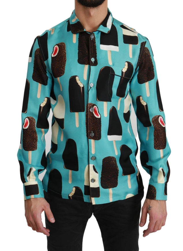 Dolce & Gabbana Blue Silk Ice Cream Print Casual Shirt - Ellie Belle