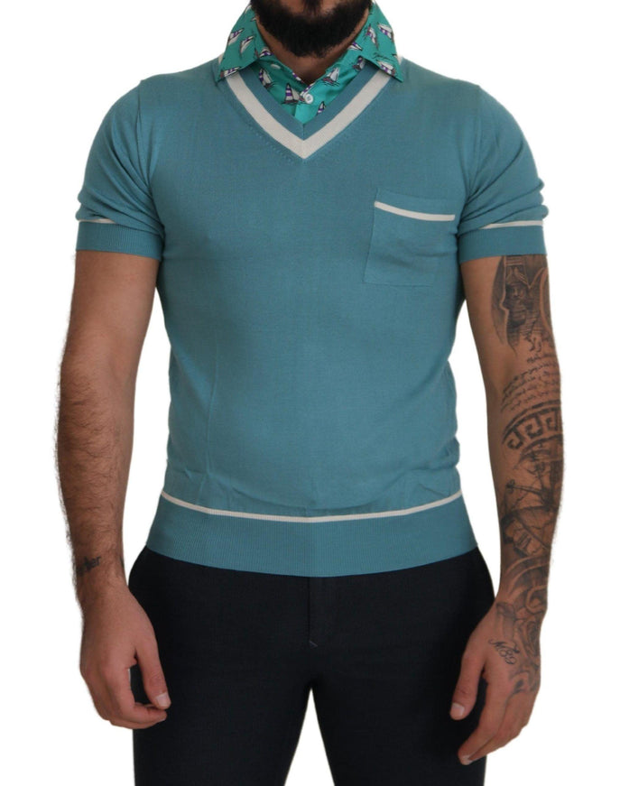 Dolce & Gabbana Blue Silk Polo Top Mens V-neck T-shirt - Ellie Belle