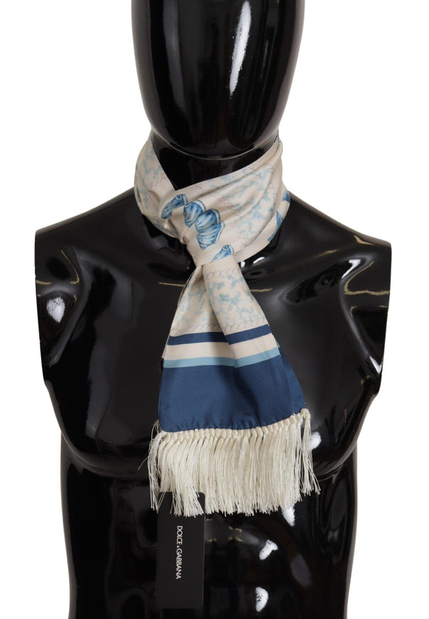 Dolce & Gabbana Blue Silk Shell Print White Shawl Fringes Scarf - Ellie Belle